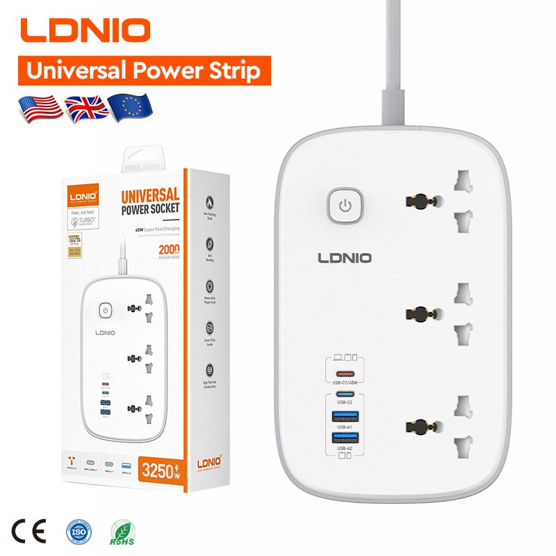 LDNIO SC6 45W GaN 7-in-1 Universal 3250W Power Strip Heavy-Duty Desktop Power Adapter with 3 AC Outlets, 2 USB-C & 2 USB-A Ports