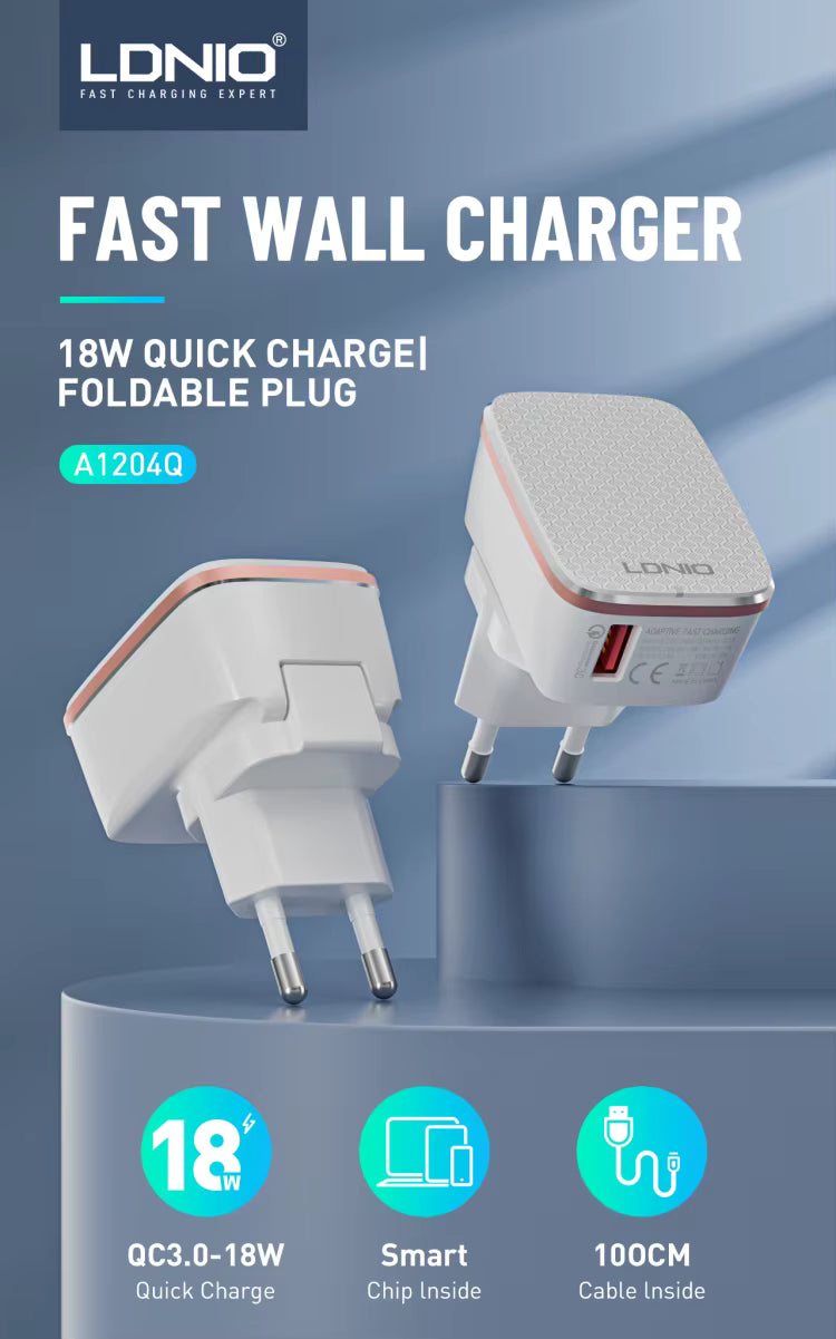 LDNIO A1204Q Single Port QC 3.0 18W Fast Travel Charger Wall Adapter (US / UK / EU Plug)