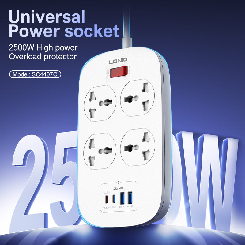 LDNIO SC4407C Universal Power Strip | 45W PD Fast Charging | 8 Ports (4 AC Outlets + 4 USB) | US/EU/UK Plug Type | 2M Heavy-Duty Power Cord