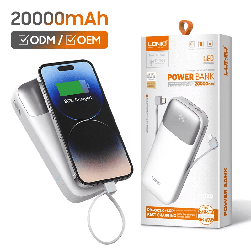 LDNIO PQ19 / PQ20 Multi-Cable Fast Charging Power Bank | 22.5W Super Fast Output | Built-In Type-C & Lightning Cables