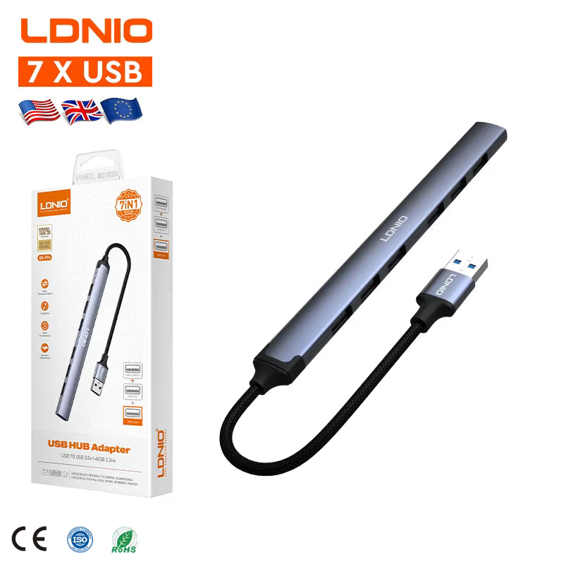 LDNIO DS-97U | 7-in-1 Premium Aluminum USB-A Multi-Function Docking Station (14cm Cable) | 1x USB 3.0 + 6x USB 2.0 High-Speed Expansion Hub