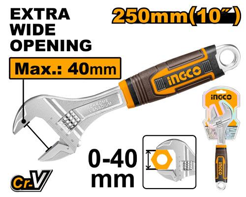 INGCO 10" (250mm) Heavy-Duty Adjustable Wrench – Premium Chrome Vanadium Steel, Extra-Wide 0–40mm Jaw Capacity, and Two-Tone Ergonomic Soft Grip Handle (HADW131108)