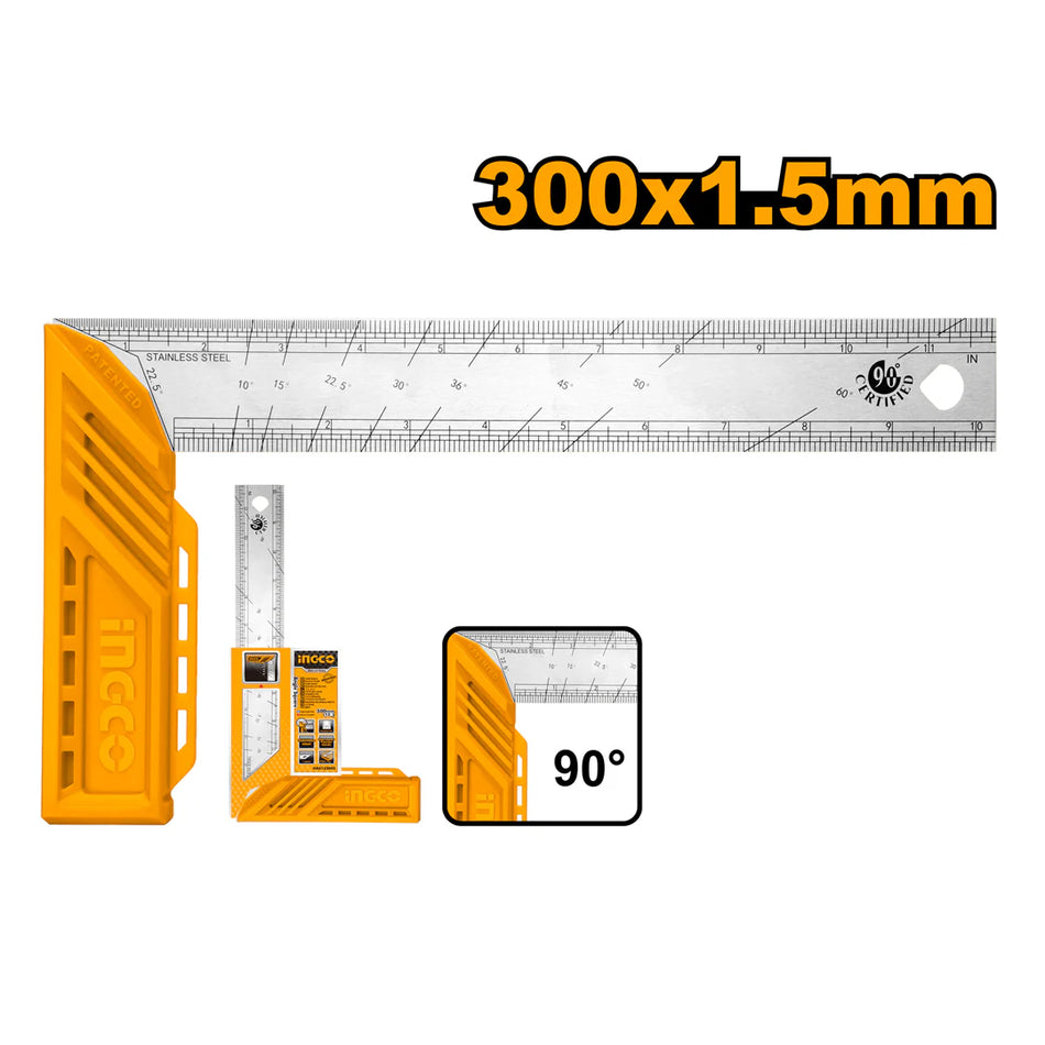 Ingco 300mm Professional Industrial Aluminum Combination Angle Square – Heavy-Duty Multi-Function Try Square and Miter Gauge Layout Tool for Woodworking and Metal Fabrication (HAS123002)