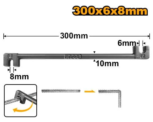 INGCO 300mm (12") Rebar Bending Bar Tool – High-Strength 45# Carbon Steel, Dual-Sized 6mm & 8mm Slots, Drop-Forged Heat-Treated Body, and Anti-Rust Black Matte Finish (HBB06081)