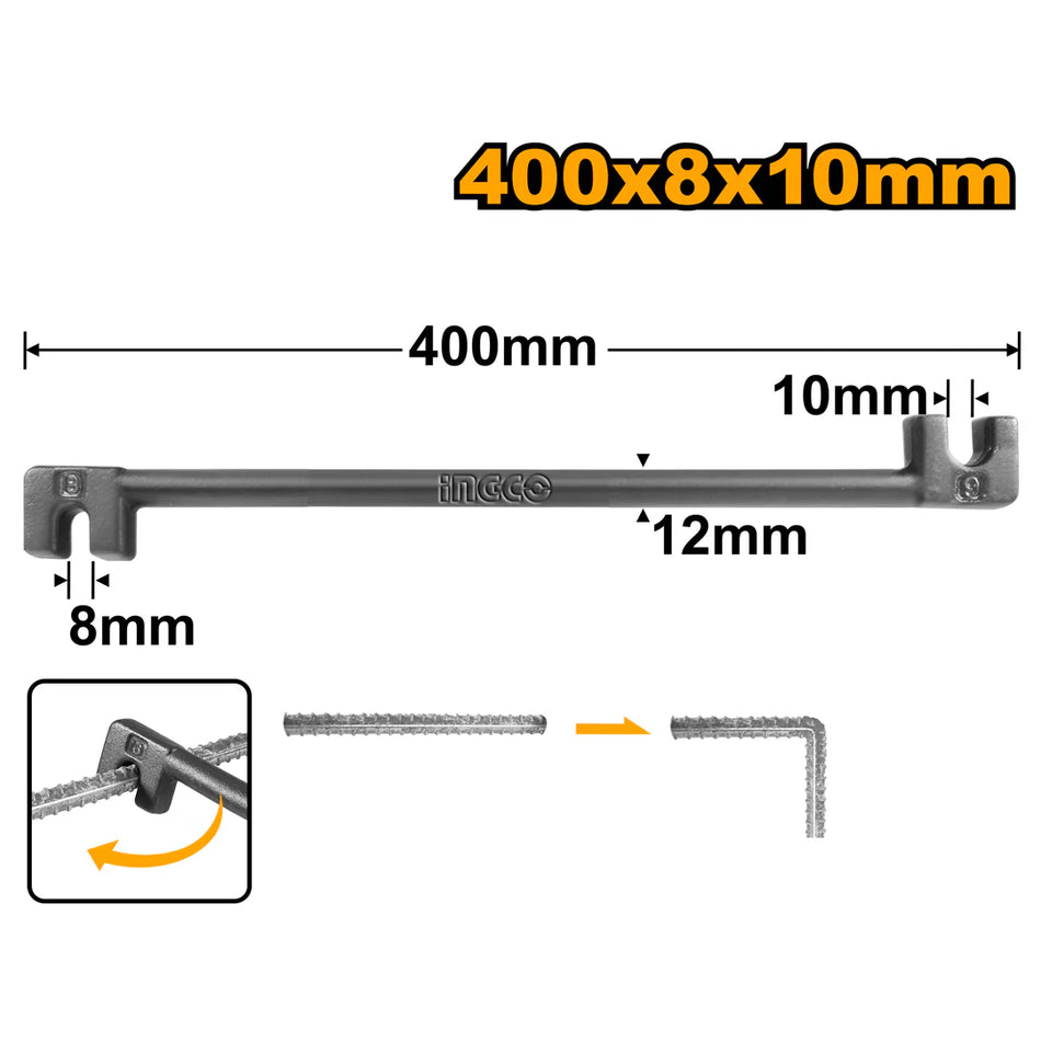 INGCO 400mm Rebar Bending Bar Tool (8mm & 10mm) – Drop-Forged #45 Carbon Steel, Precision Dual-Headed Slots, Heat-Treated Strength, and Black Matte Anti-Rust Finish (HBB08101)
