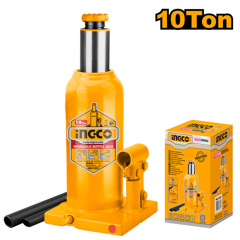 Ingco 10-Ton Heavy-Duty Hydraulic Bottle Jack | Professional Industrial Vehicle Lift with Safety Overload Valve & Adjustable Screw Top (HBJ1002)