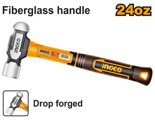 Ingco 24oz Ball Pein Hammer | Premium Drop-Forged 45# Carbon Steel Blackened Head Metalworking Hammer with High-Strength Fiberglass Handle (HBPH81024)