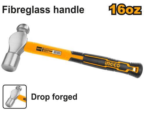 INGCO 16oz / 450g Heavy-Duty Ball Peen Hammer – Drop-Forged 45# Carbon Steel Head, High-Strength Fiberglass Handle, and Shock-Absorbing Rubberized Grip (HBPHS8016)