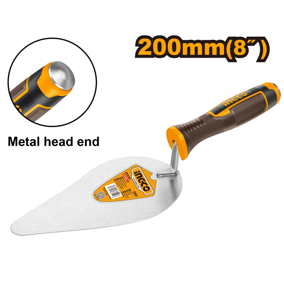 INGCO 8" (200mm) Heavy-Duty Bricklaying Trowel – Carbon Steel Blade, Heat-Treated Strength, Tapered Ground Design, and Ergonomic Rubberized Grip (HBT818)