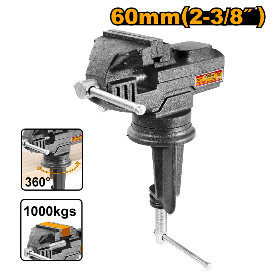 INGCO 60mm (2.35") Compact Swivel Base Bench Vise with Anvil (Étau de Table) – Cast Iron Body, 1000kg Max Clamping Force, 45# Steel Jaws, and Clamp-On / Table Mount (HBV082)