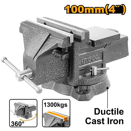 INGCO 4" (100mm) Heavy-Duty Mechanics Bench Vise (Étau de Établi) – 360-Degree Swivel Base, Integrated Anvil, 1,300 kg Clamping Force, Ductile Cast Iron Body, and Pipe Gripping Jaws (HBV084)