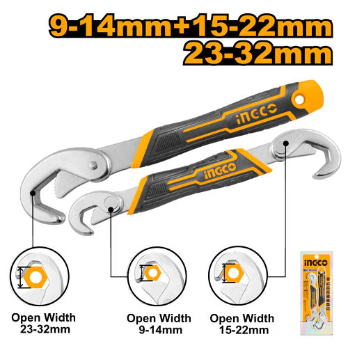 INGCO 2-Piece Multi-Function Quick-Grip Bent Wrench Set – Self-Adjusting 9mm to 32mm Capacity, High-Carbon Steel Construction, and Ergonomic Two-Color Anti-Slip Grips (HBWS110808)