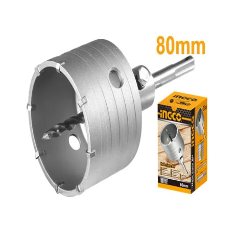 Ingco 80mm TCT Hole Core Bit Set with SDS-Plus Adaptor and Masonry Pilot Drill Bit - Heavy-Duty Core Drill Crown for Brick, Block, and Concrete Wall Piping (HCB0801)