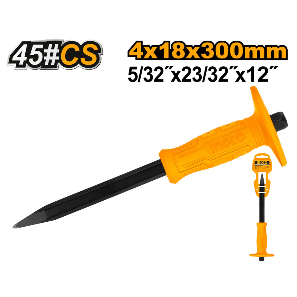 Ingco 12-Inch Professional Concrete Cold Chisel - 4mm x 18mm x 300mm Forged Carbon Steel Hand Masonry Chisel with Ergonomic Grip Handle (HCC0841218)