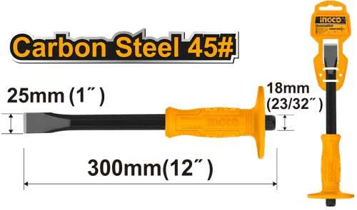 Ingco 300mm Heavy-Duty Cold Chisel (HCCL082412) 25mm Flat Tip Carbon Steel Demolition Chisel with Unique Comfort Grip Handle
