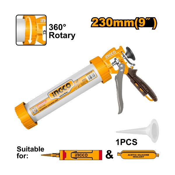 INGCO 9" (230mm) Heavy-Duty Aluminum Caulking Gun – Lightweight Aluminum Barrel, Smooth Push Rod Drive, 51mm Chamber Diameter, and Included Plastic Adaptor Tip (HCG0109)