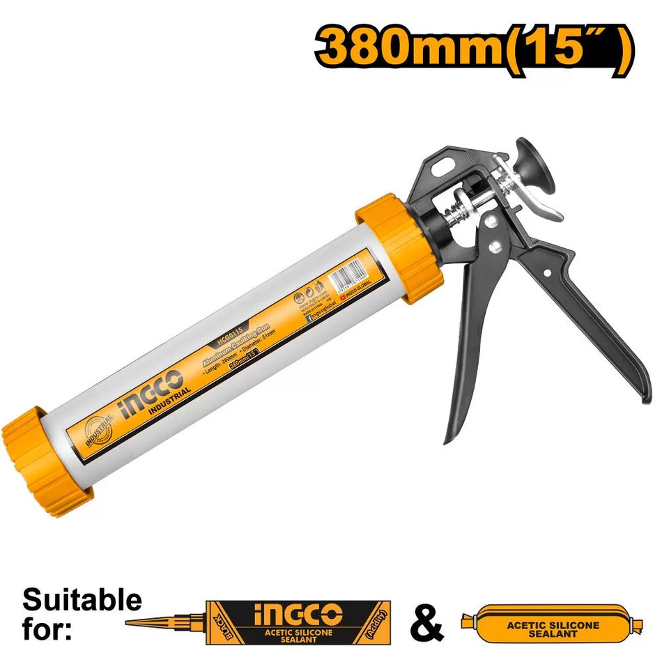 INGCO 15" / 380mm Aluminium Barrel Caulking & Sausage Gun (Pistolet à Silicone / Pistolet Extrudeur en Aluminium) – 51mm Barrel Diameter, Plastic Nozzle Adaptor, and Heavy-Duty Push Rod (HCG0115)