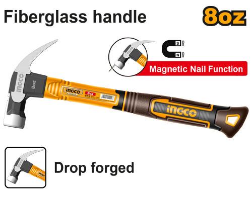 Ingco 8oz Magnetic Stubby Claw Hammer | Premium Drop-Forged 45# Carbon Steel Mini Hammer with Magnetic Nail Holder and Unique Fiberglass Handle (HCH81008)
