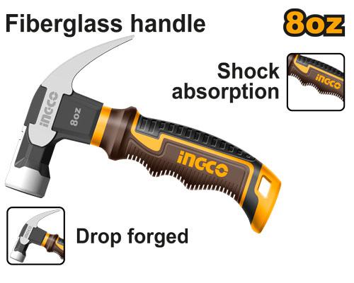 Ingco 8oz Mini Claw Hammer | Compact Forged Carbon Steel Stubby Hammer with Ergonomic Non-Slip Rubber Grip (HCH81008D)