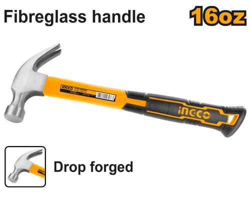 INGCO 16oz / 450g Heavy-Duty Drop-Forged Claw Hammer – Heat-Treated 45# Carbon Steel Head, High-Strength Fiberglass Handle, and Shock-Absorbing Soft Grip (HCHS8016)