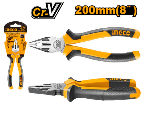 INGCO 8-Inch Industrial Cr-V Combination Pliers – Heavy-Duty Chrome Vanadium Steel Jaws, Ergonomic Three-Color TPR Grip, and Multi-Purpose Cutting & Gripping Performance (HCP28208