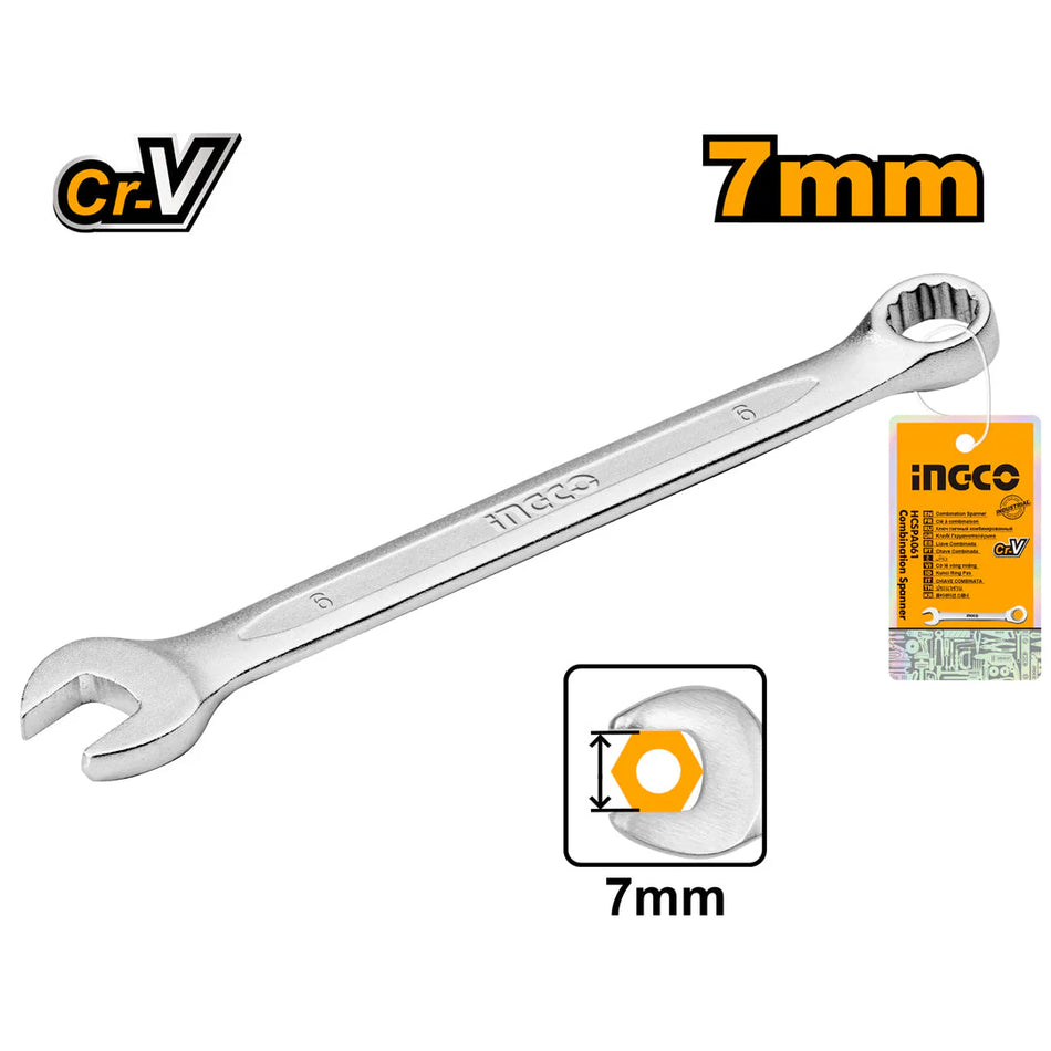 Ingco 7mm Combination Spanner | Chrome-Vanadium Steel Dual-Ended Metric Wrench for Precision Fastening (HCSPA071)