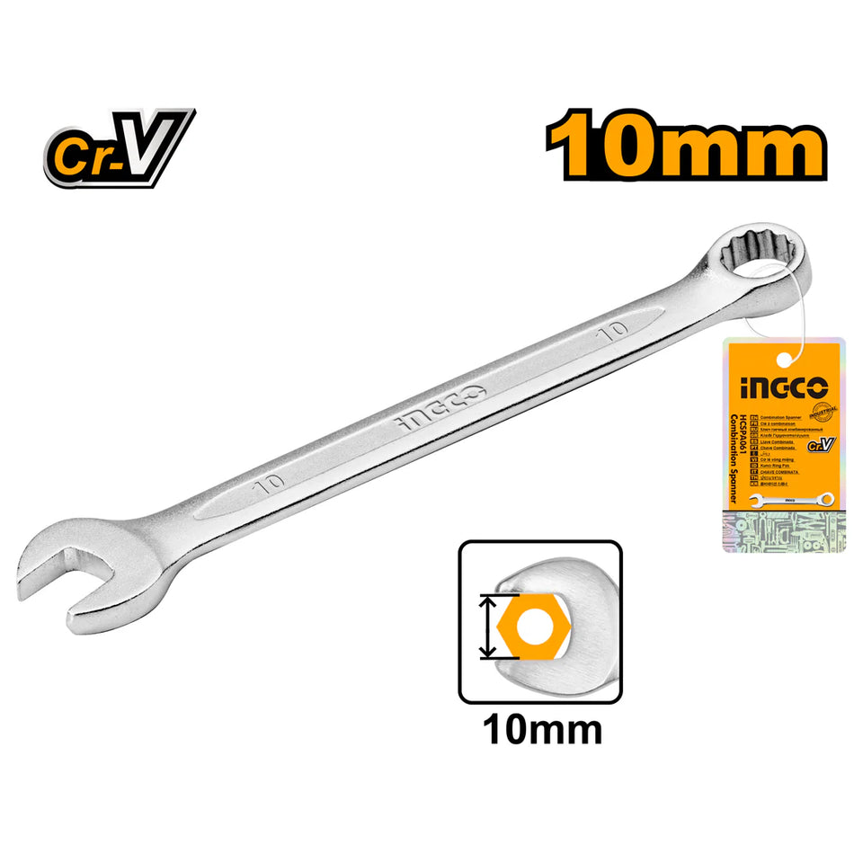 Ingco 10mm Combination Spanner | Premium Cold-Formed Chrome Vanadium Steel Matt Finish Combination Wrench for Mechanical and Automotive Repairs (HCSPA101)