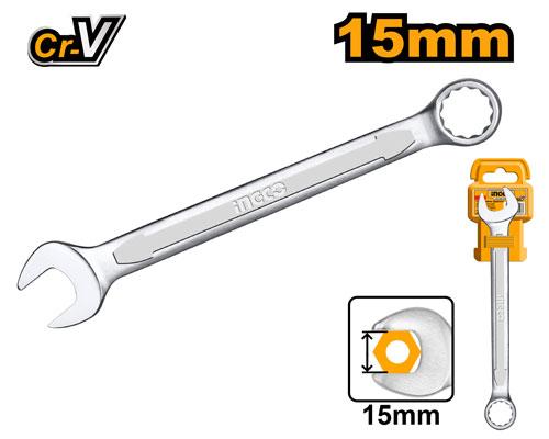 INGCO 15mm Combination Spanner – Premium Chrome Vanadium Steel, Anti-Slip Matte Chrome Finish, and High-Torque Dual-End Open & Ring Wrench (HCSPA151)