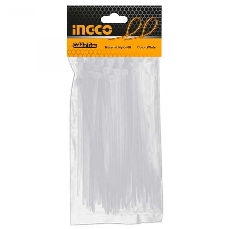 Ingco 200mm Nylon Cable Ties Set (HCT2001) 100-Piece Heavy-Duty White Zip Ties for Home, Office, Workshop & Industrial Wire Management