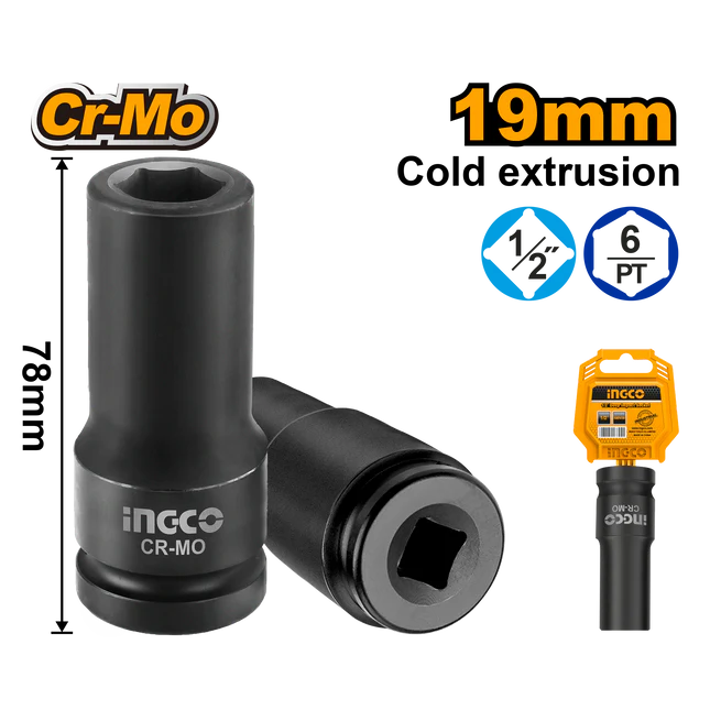 INGCO 19mm 1/2" Drive Heavy-Duty Deep Impact Socket – Premium Drop-Forged Chrome Molybdenum (Cr-Mo) Steel, High-Torque 6-Point Design, and Rust-Resistant Black Phosphate Finish (HDIS12192L)