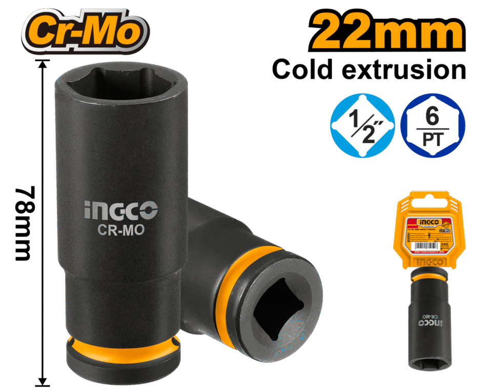 INGCO 22mm 1/2" Drive Heavy-Duty Deep Impact Socket – Premium Drop-Forged Chrome Molybdenum (Cr-Mo) Steel, High-Torque 6-Point Design, and Rust-Resistant Black Phosphate Finish (HDIS12222L)