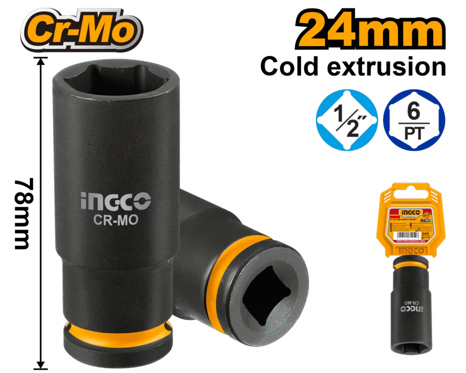INGCO 1/2" Drive 24mm Deep Impact Socket – Forged Chrome Molybdenum (Cr-Mo) Steel, Cold Extrusion Technology, 78mm Extended Profile, and Corrosion-Resistant Black Phosphate Finish (HDIS12242L)