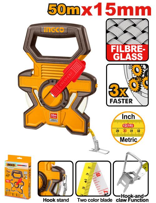 INGCO 50m x 12.5mm Fiberglass Long Measuring Tape – Durable ABS Frame, Retractable Hand Crank Winder, Metric & Inch Dual Scale, and Ground Spike Anchor (HFMT1850)
