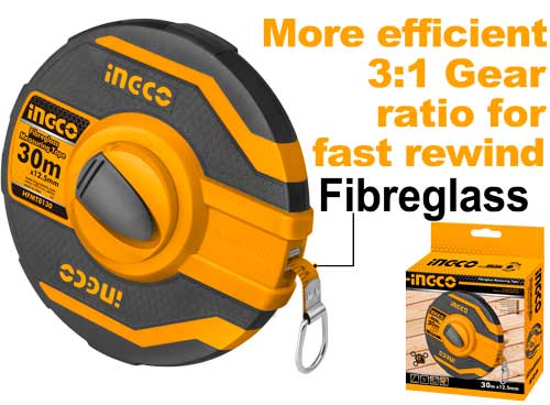INGCO 30m x 12.5mm Long Fibreglass Measuring Tape – 3:1 Fast Rewind Gear Ratio, Metric & Inch Dual Scale, Rubber Impact Cover, and Integrated Handle (HFMT8130)