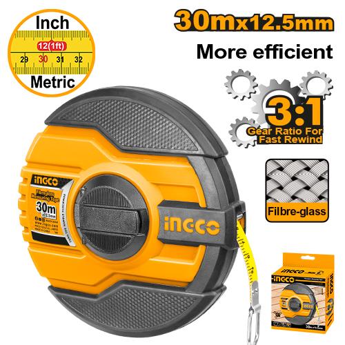 Ingco 30m Fibreglass Measuring Tape | 13mm Wide Open Frame Metric Measuring Reel with Folding Crank (HFMT8330)