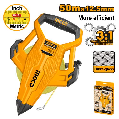 INGCO 50m x 12.5mm Long Fibreglass Open Frame Measuring Tape (Dizmètre / Mètre Ruban en Fibre de Verre) – 3:1 Fast Rewind Gear, Metric & Inch Markings, All-Rubber Impact Cover, and Ergonomic Handle (HFMT8350)
