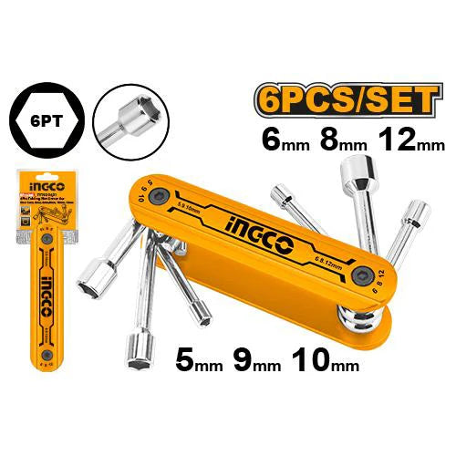 INGCO 6-Piece Folding Pocket Nut Driver Set – 50BV30 Cr-V Alloy Steel Shafts, Anodized Aluminum Handle, Heat-Treated Strength, and Compact Pocket-Sized Folding Design (HFND0601)