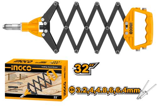 INGCO 32" (815mm) Industrial Folding Hand Riveter – Heavy-Duty Lattice Mechanism, 5 Nozzle Sizes (3.2mm to 6.4mm), High-Leverage Steel Arms, and Spent Mandrel Collector (HFOR321)