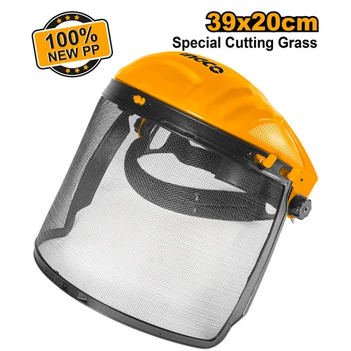 INGCO 39 x 20cm Industrial Mesh Visor Face Shield (Visière Gragée / Visière de Protection) – Heavy-Duty PP Forehead Guard, Ultra-Clear Wire Mesh Screen, Adjustable Ratchet Headgear, and Antibacterial Sweatband (HFSPC21)