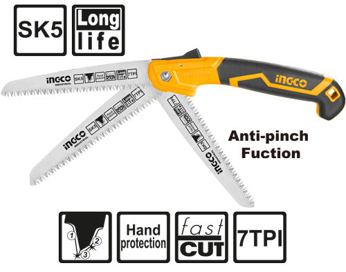 Ingco 7-Inch Industrial Folding Pruning Saw - 180mm Heat-Treated Taiwan SK5 Carbon Steel Hand Saw with Triple-Edge Teeth and Hand Protection Guard (HFSW1808)