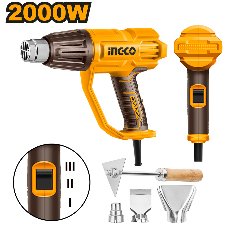 INGCO HEAT GUN (HG200078) – 2000W Variable Temperature Control (350°C / 550°C), 300 / 500 L/min Airflow Rate, Durable Ceramic Heating Core with 1 Reduction Nozzle Included
