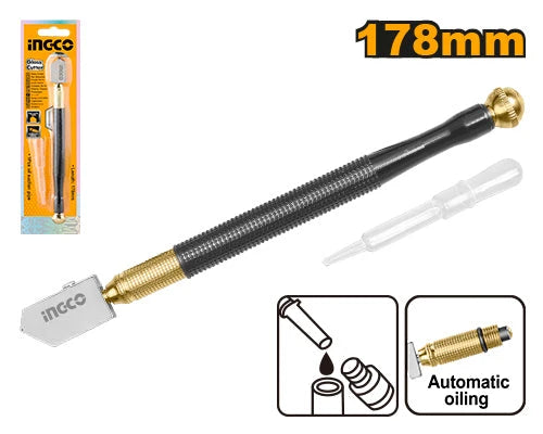 INGCO 178mm Heavy-Duty Metal Body Glass Cutter – Tungsten Carbide Wheel, Automatic Oil Feed System, 5000m Total Cutting Capacity, and Oil Suction Pipe (HGCT03)