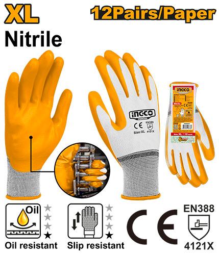 Ingco Extra-Large Nitrile Coated Work Gloves | Size 10 Smooth Finish Oil-Resistant Abrasion Protection Hand Protectors (HGNG04)