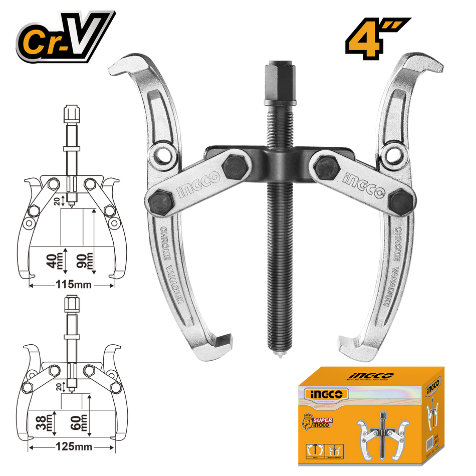 INGCO 4" Two-Jaw Gear & Bearing Puller – Heat-Treated Chrome Vanadium (Cr-V), 3000kg Max Pulling Force, and Chrome-Plated Finish (HGP08024)
