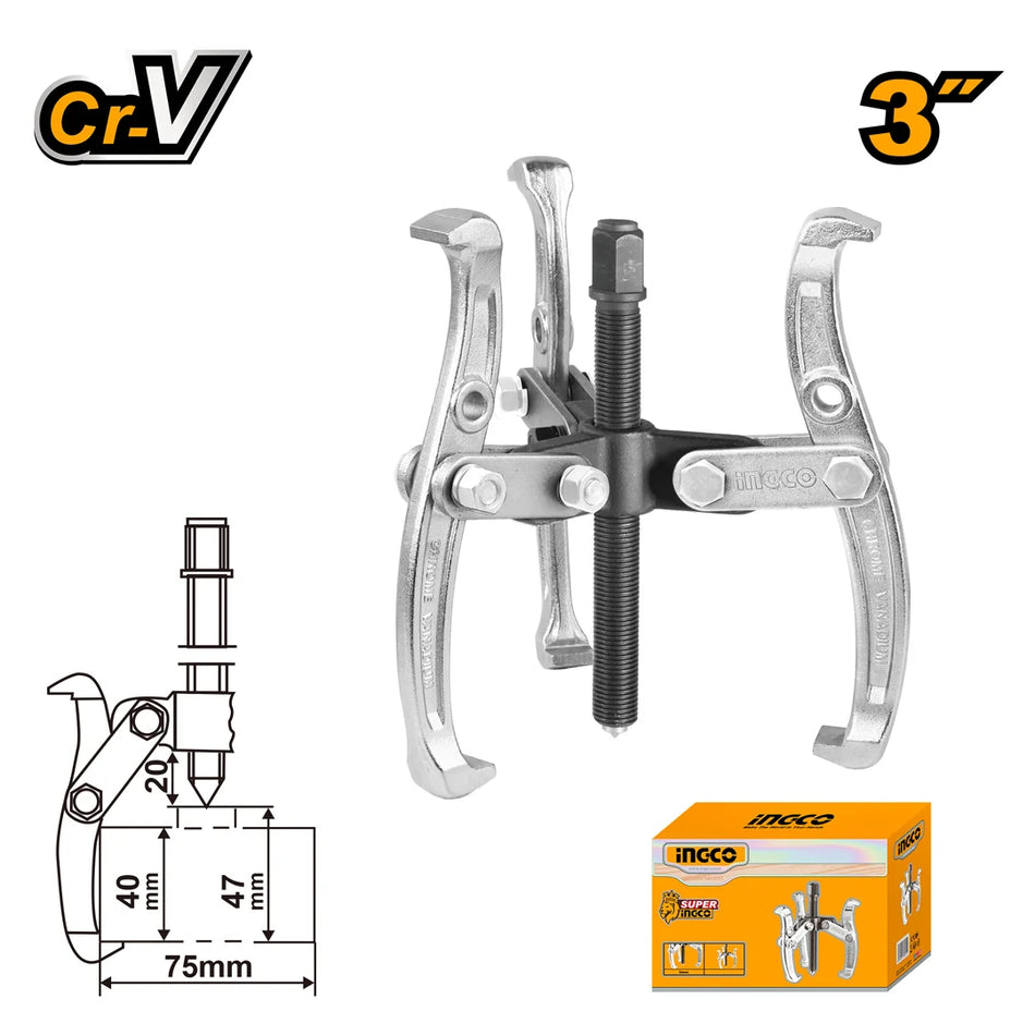 INGCO 3" Three-Jaw Gear & Bearing Puller – Heat-Treated Chrome Vanadium (Cr-V), 3000kg Max Pulling Force, and Chrome-Plated Corrosion Finish (HGP08033)