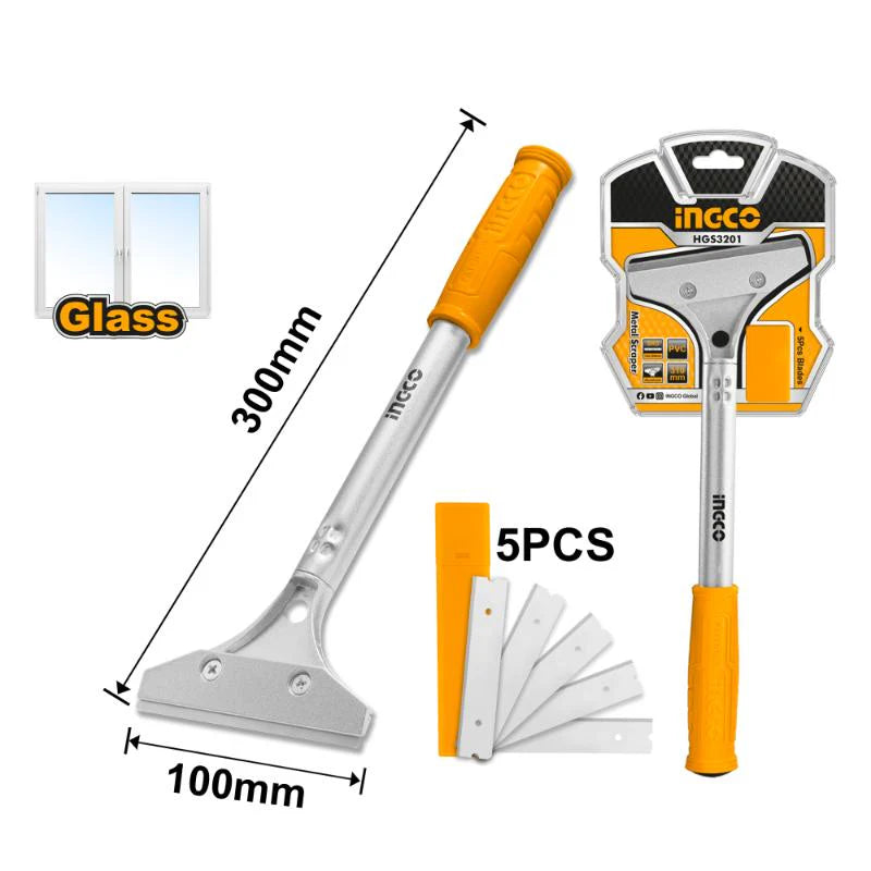 Ingco 12-Inch Professional Heavy-Duty Aluminum Alloy Metal Scraper – Extended 300mm Surface Prep Tool Equipped with 6-Piece High-Carbon SK5 Steel Razor Blades (HGS3201)