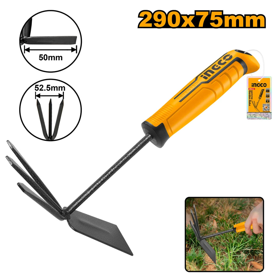 INGCO 290mm Hand Garden Rake / Cultivator (Râteau de Jardin à Main) – High-Grade Carbon Steel Tines, 8mm Reinforced Main Rod, Ergonomic Soft-Grip Handle, and Hanging Hole (HGT979K)