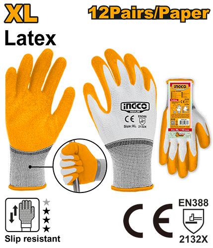 Ingco Extra-Large Latex Coated Work Gloves | Size 10 Premium Crinkle-Finish Anti-Slip Grip Construction Hand Protectors (HGVL06)