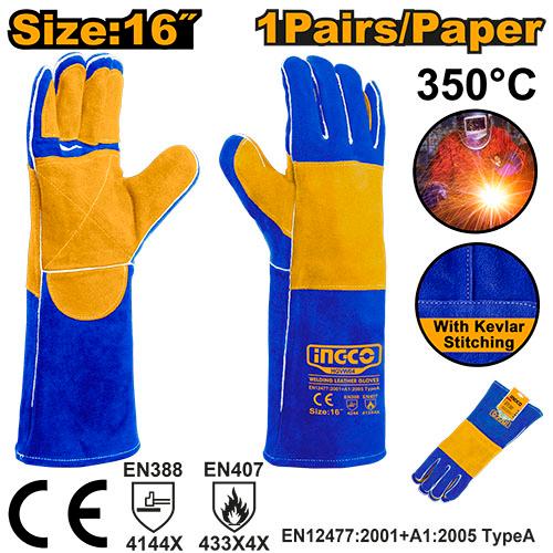 INGCO 16" Heavy-Duty Welding Leather Gloves (Gants de Soudeur en Cuir) – AB-Grade Royal Leather, Heat Resistant up to 350°C, Fire-Resistant Kevlar Thread Sewing, and Velvet Lining (HGVW04)