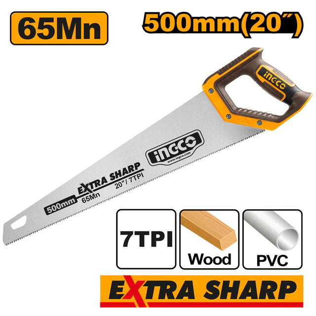 Title Ingco 20-Inch Industrial Heavy-Duty Hand Saw – Professional 500mm Woodworking Crosscut Saw Equipped with 8 TPI Triple-Ground Fast Cutting Teeth (HHAS28500)